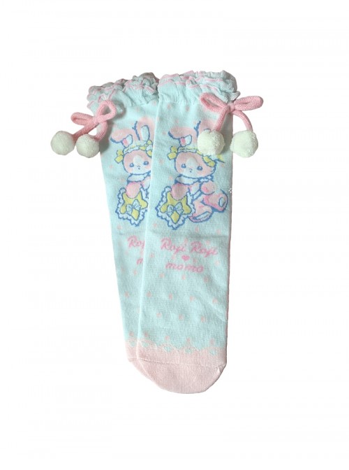 Momo Fairy Collaboration Cute Bunny Bowknot Bayberry Pom Pom Lace Trim Sweet Lolita Mid-Calf Socks