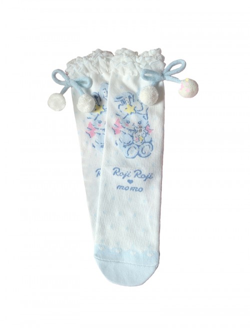 Momo Fairy Collaboration Cute Bunny Bowknot Bayberry Pom Pom Lace Trim Sweet Lolita Mid-Calf Socks