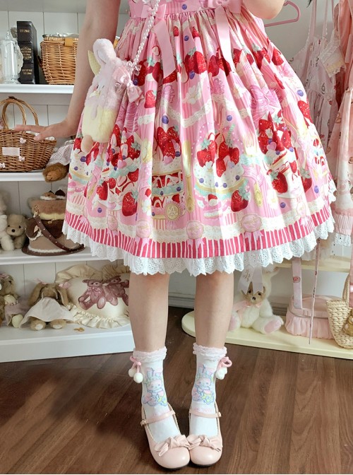 Momo Fairy Collaboration Cute Bunny Bowknot Bayberry Pom Pom Lace Trim Sweet Lolita Mid-Calf Socks