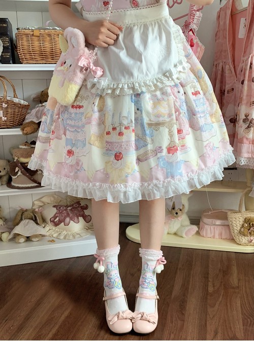 Momo Fairy Collaboration Cute Bunny Bowknot Bayberry Pom Pom Lace Trim Sweet Lolita Mid-Calf Socks