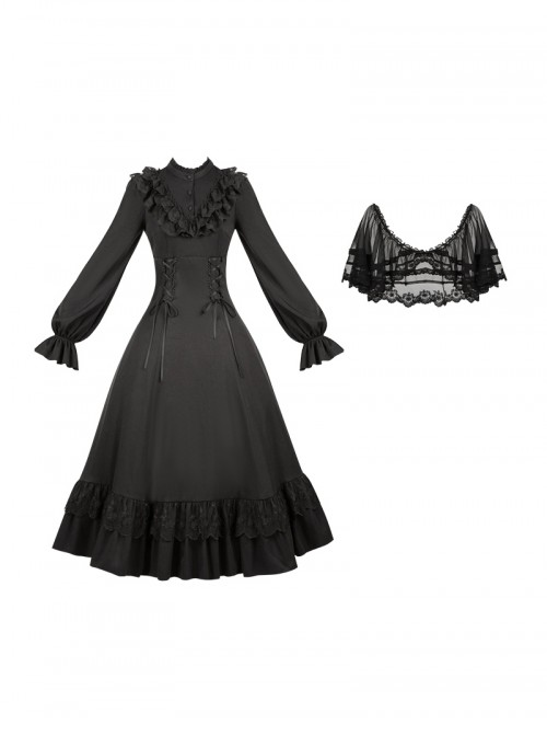 Day Night Series Elegant Retro Stand Collar Buttoned Binding Band Ruffle Hem Lace Classic Lolita Detachable Lace Shawl Long Sleeve Dress
