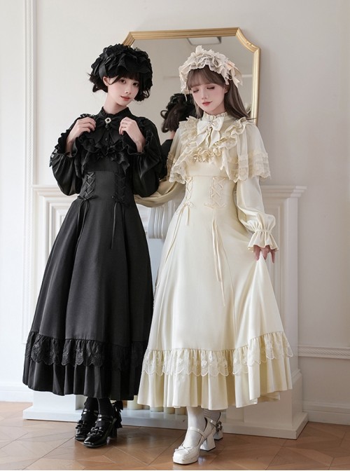 Day Night Series Elegant Retro Stand Collar Buttoned Binding Band Ruffle Hem Lace Classic Lolita Detachable Lace Shawl Long Sleeve Dress