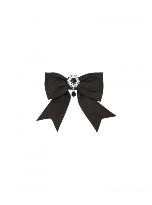 Mysterious Gorgeous Black Gemstone Silver Openwork Floral Decoration Teardrop Pendant Classic Lolita Bowknot Brooch