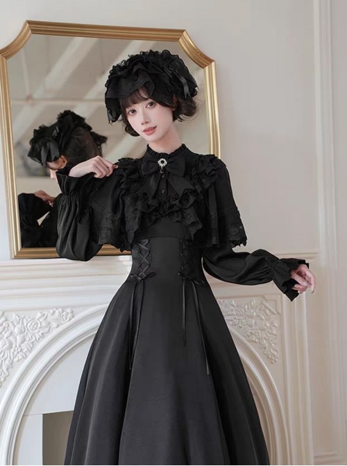 Mysterious Gorgeous Black Gemstone Silver Openwork Floral Decoration Teardrop Pendant Classic Lolita Bowknot Brooch