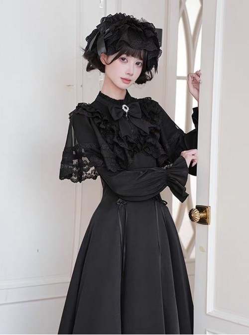 Mysterious Gorgeous Black Gemstone Silver Openwork Floral Decoration Teardrop Pendant Classic Lolita Bowknot Brooch