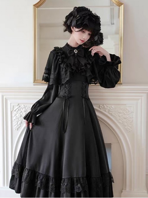 Mysterious Gorgeous Black Gemstone Silver Openwork Floral Decoration Teardrop Pendant Classic Lolita Bowknot Brooch