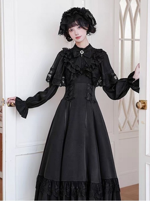 Mysterious Gorgeous Black Gemstone Silver Openwork Floral Decoration Teardrop Pendant Classic Lolita Bowknot Brooch