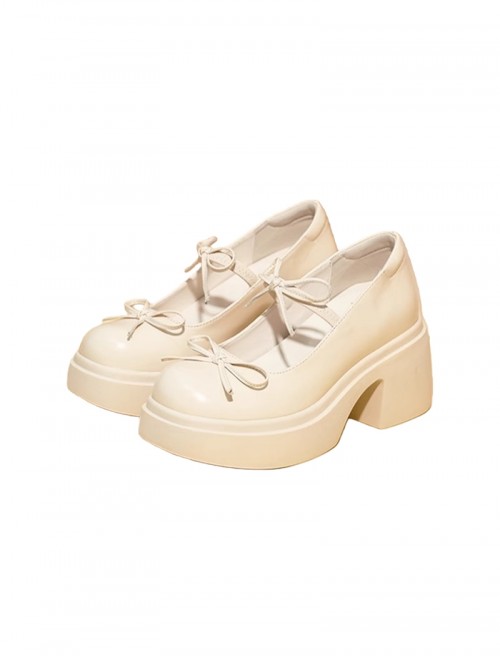 Cute Bowknot Decoration Round Toe Mary Jane Sweet Lolita High Heel Platform Leather Shoes