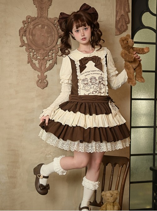 Frosting Fairy Tale Series Cute Doll Retro Brown Beige Lamb Rabbit Sweet Lolita Long Sleeve Short Dress Bowknot Brooch Belt Embroidery Brooch Set