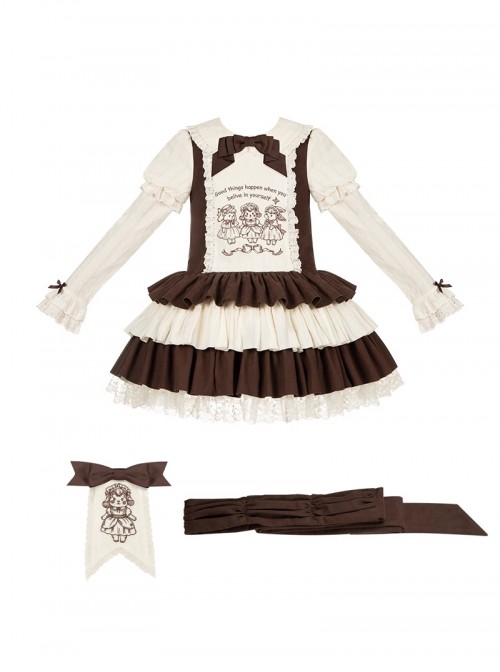 Frosting Fairy Tale Series Cute Doll Retro Brown Beige Lamb Rabbit Sweet Lolita Long Sleeve Short Dress Bowknot Brooch Belt Embroidery Brooch Set