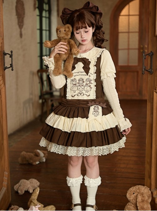Frosting Fairy Tale Series Cute Doll Retro Brown Beige Lamb Rabbit Sweet Lolita Long Sleeve Short Dress Bowknot Brooch Belt Embroidery Brooch Set