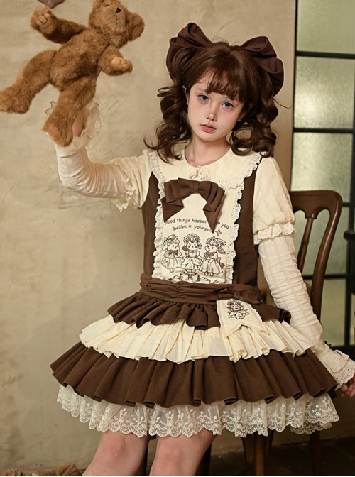 Frosting Fairy Tale Series Cute Doll Retro Brown Beige Lamb Rabbit Sweet Lolita Long Sleeve Short Dress Bowknot Brooch Belt Embroidery Brooch Set