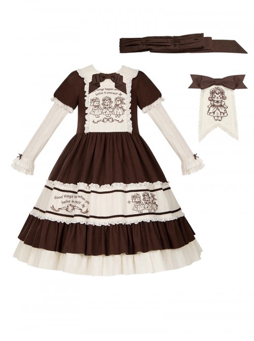 Frosting Fairy Tale Series Brown Beige Cute Lamb Rabbit Embroidery Sweet Lolita Long Sleeve Long Dress Bowknot Brooch Belt Embroidery Brooch Set