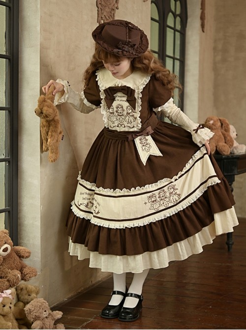 Frosting Fairy Tale Series Brown Beige Cute Lamb Rabbit Embroidery Sweet Lolita Long Sleeve Long Dress Bowknot Brooch Belt Embroidery Brooch Set