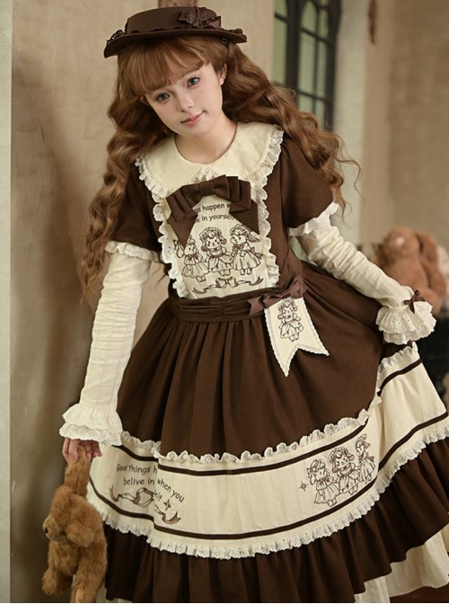 Frosting Fairy Tale Series Brown Beige Cute Lamb Rabbit Embroidery Sweet Lolita Long Sleeve Long Dress Bowknot Brooch Belt Embroidery Brooch Set