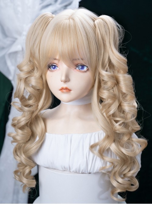 Milk Puff Sugar Series Cute Golden Retro Bangs Vintage Doll Sweet Lolita Bob Clamp Curl Twin Ponytail Roman Curls Wig