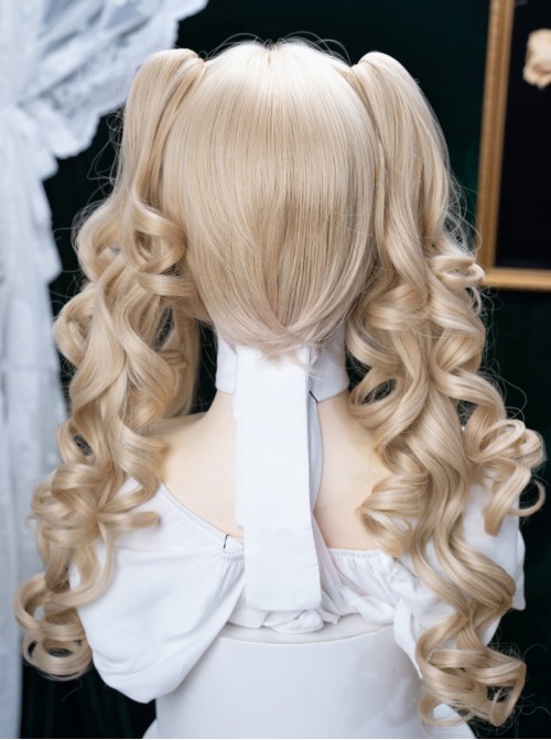 Milk Puff Sugar Series Cute Golden Retro Bangs Vintage Doll Sweet Lolita Bob Clamp Curl Twin Ponytail Roman Curls Wig