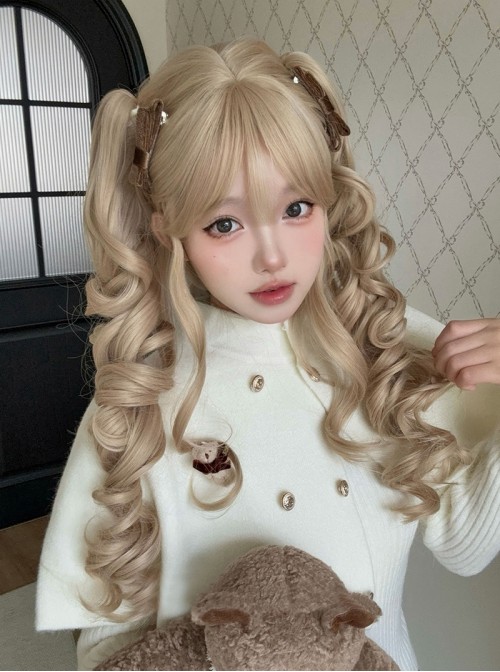 Milk Puff Sugar Series Cute Golden Retro Bangs Vintage Doll Sweet Lolita Bob Clamp Curl Twin Ponytail Roman Curls Wig