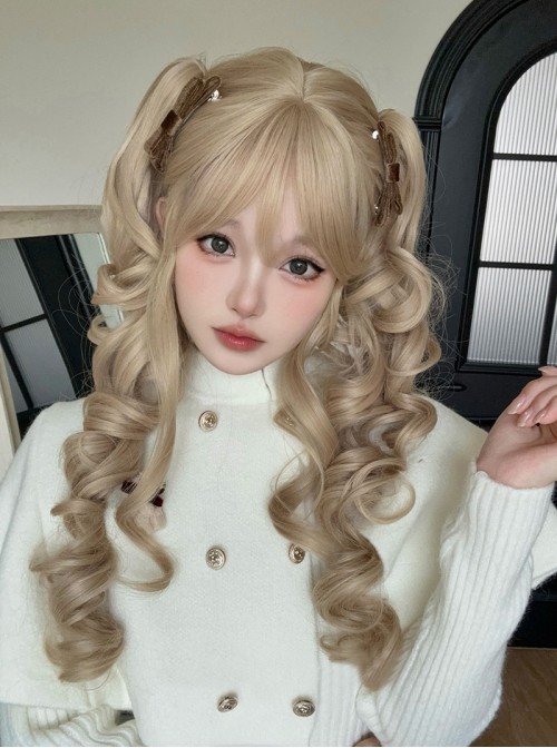 Milk Puff Sugar Series Cute Golden Retro Bangs Vintage Doll Sweet Lolita Bob Clamp Curl Twin Ponytail Roman Curls Wig