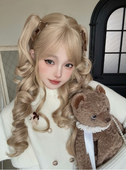 Milk Puff Sugar Series Cute Golden Retro Bangs Vintage Doll Sweet Lolita Bob Clamp Curl Twin Ponytail Roman Curls Wig