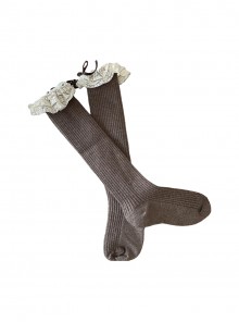 Retro Cute Vertical Striped Textured Cotton Lace Trim With Bow Ribbon Decoration Sweet Lolita Cashmere Mid Calf Stockings Socks