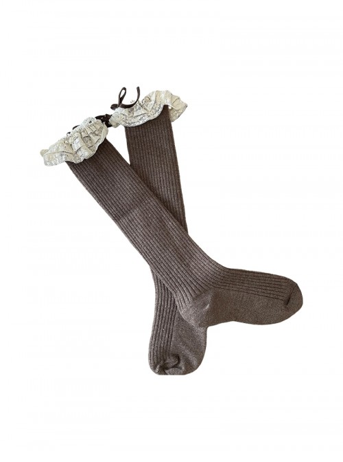Retro Cute Vertical Striped Textured Cotton Lace Trim With Bow Ribbon Decoration Sweet Lolita Cashmere Mid Calf Stockings Socks