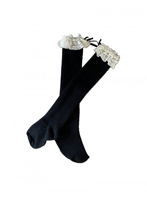 Retro Cute Vertical Striped Textured Cotton Lace Trim With Bow Ribbon Decoration Sweet Lolita Cashmere Mid Calf Stockings Socks