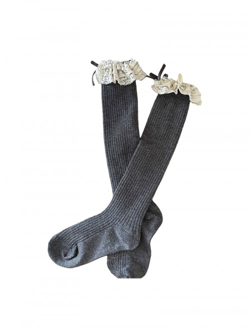 Retro Cute Vertical Striped Textured Cotton Lace Trim With Bow Ribbon Decoration Sweet Lolita Cashmere Mid Calf Stockings Socks
