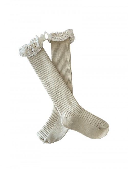 Retro Cute Vertical Striped Textured Cotton Lace Trim With Bow Ribbon Decoration Sweet Lolita Cashmere Mid Calf Stockings Socks