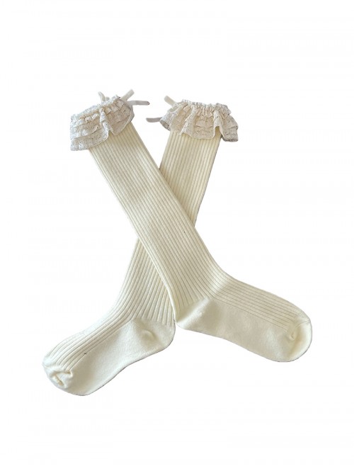 Retro Cute Vertical Striped Textured Cotton Lace Trim With Bow Ribbon Decoration Sweet Lolita Cashmere Mid Calf Stockings Socks