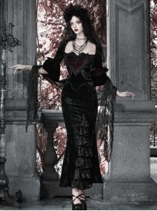 Ancient Castle Thriller Series Elegant Black Vintage Heart Shape Lace Embroidery Ruffle Velvet Strapless Gothic Bell Sleeve Fishtail Dress