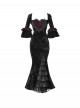 Ancient Castle Thriller Series Elegant Black Vintage Heart Shape Lace Embroidery Ruffle Velvet Strapless Gothic Bell Sleeve Fishtail Dress