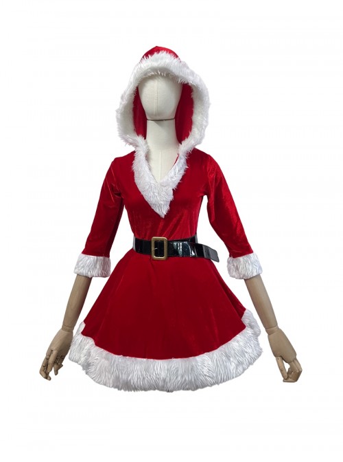 Original Christmas Series Halloween Cosplay Christmas Party V Neck Hooded Dress White Fur Trim Costume Set