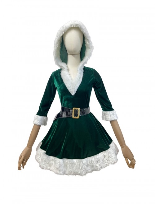 Original Christmas Series Halloween Cosplay Christmas Party V Neck Hooded Dress White Fur Trim Costume Set