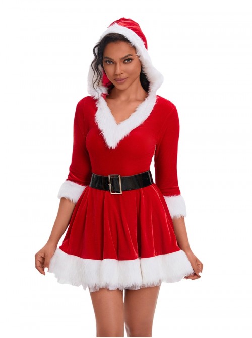 Original Christmas Series Halloween Cosplay Christmas Party V Neck Hooded Dress White Fur Trim Costume Set
