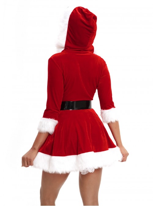 Original Christmas Series Halloween Cosplay Christmas Party V Neck Hooded Dress White Fur Trim Costume Set