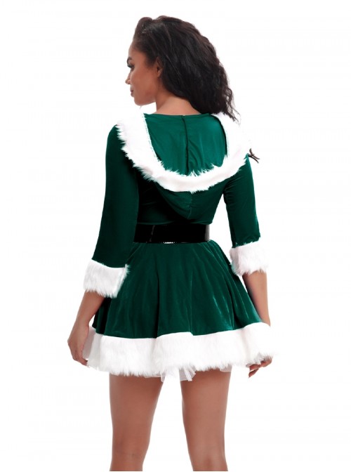 Original Christmas Series Halloween Cosplay Christmas Party V Neck Hooded Dress White Fur Trim Costume Set