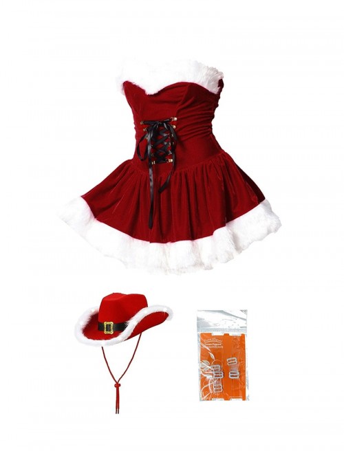 Original Christmas Series Halloween Cosplay Sexy Red Velvet Christmas Dress Denim Hat Costume Set