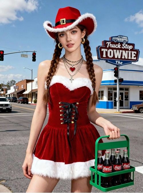 Original Christmas Series Halloween Cosplay Sexy Red Velvet Christmas Dress Denim Hat Costume Set