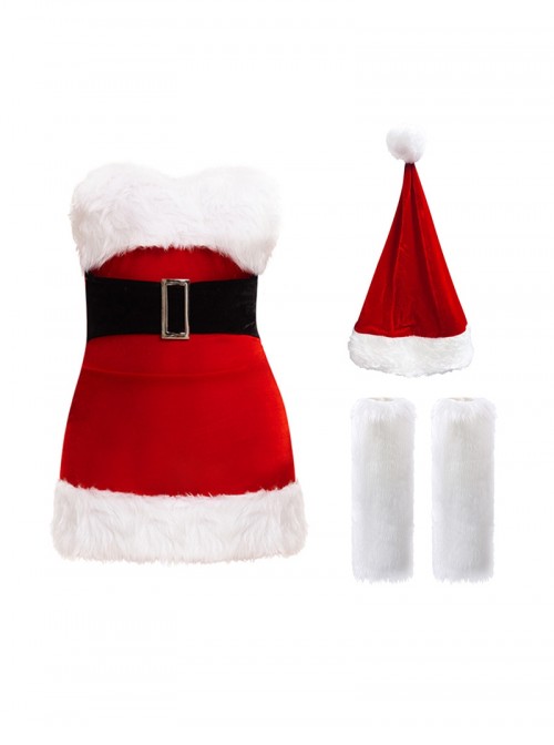Original Christmas Series Halloween Cosplay Christmas Party Sexy Red Santa Claus Costume Strapless Dress Hat Leg Warmers Set