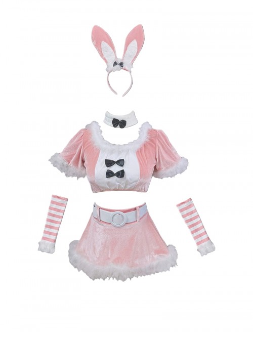 Original Christmas Series Halloween Cosplay Pink Sexy Bunny Girl Christmas Party Costume Top Short Skirt Set