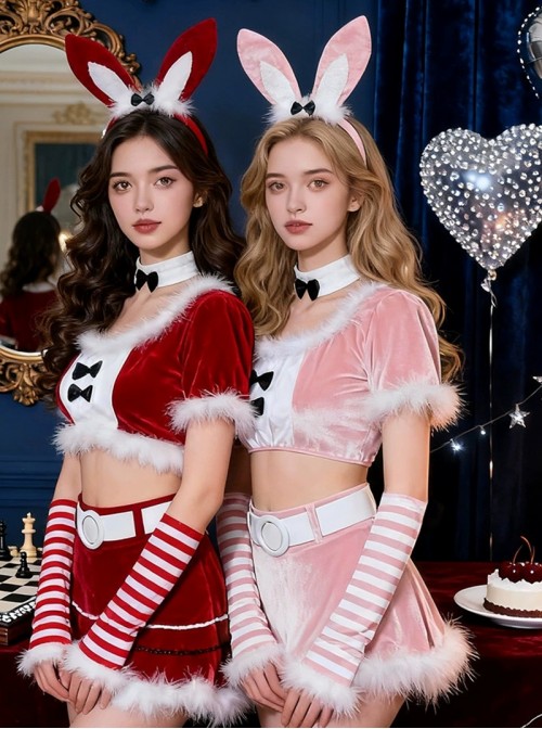 Original Christmas Series Halloween Cosplay Pink Sexy Bunny Girl Christmas Party Costume Top Short Skirt Set