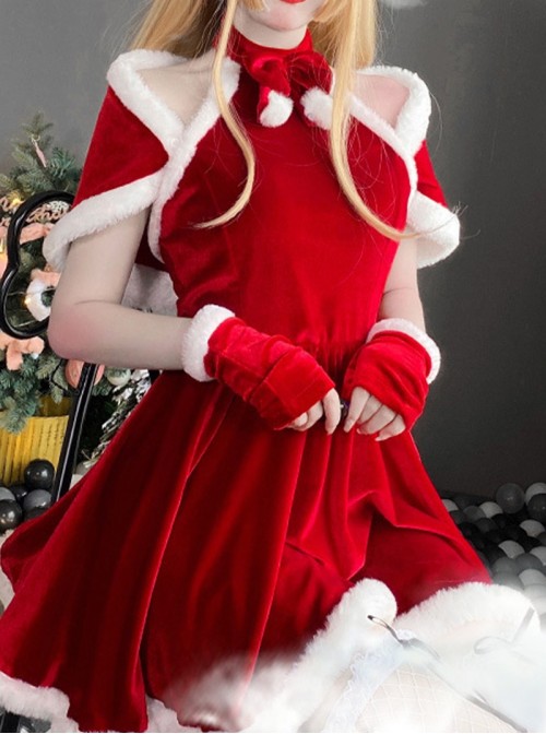 Original Christmas Series Halloween Cosplay Sweet Sexy Red Christmas Party Halter Neck Dress Costume Set