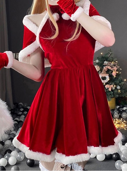 Original Christmas Series Halloween Cosplay Sweet Sexy Red Christmas Party Halter Neck Dress Costume Set
