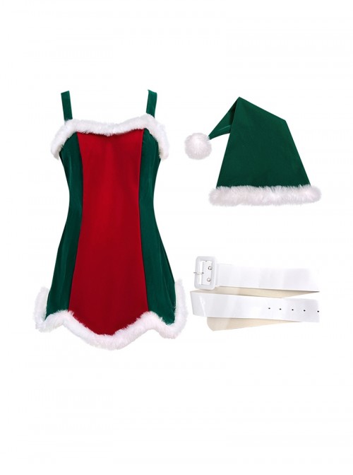 Original Christmas Series Halloween Cosplay Christmas Green Red Patchwork Sleeveless Dress Green Hat White Belt Costume Set