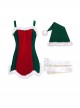 Original Christmas Series Halloween Cosplay Christmas Green Red Patchwork Sleeveless Dress Green Hat White Belt Costume Set