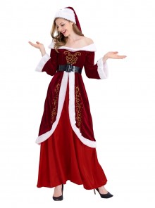 Original Christmas Series Halloween Cosplay Red Retro Elegant Court Style Velvet Maxi Dress Costume Hat Belt Set