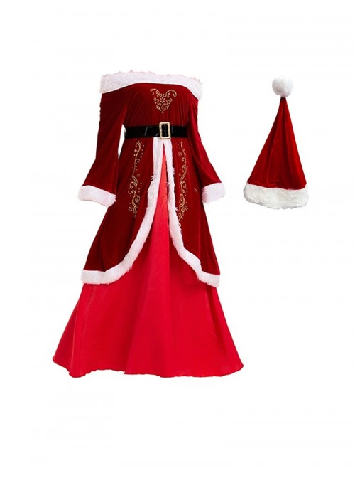 Original Christmas Series Halloween Cosplay Red Retro Elegant Court Style Velvet Maxi Dress Costume Hat Belt Set