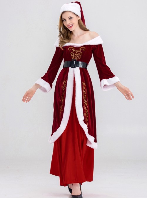 Original Christmas Series Halloween Cosplay Red Retro Elegant Court Style Velvet Maxi Dress Costume Hat Belt Set