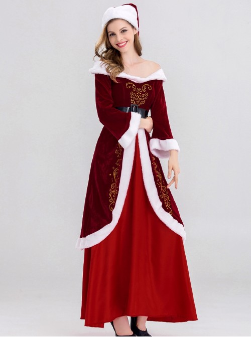 Original Christmas Series Halloween Cosplay Red Retro Elegant Court Style Velvet Maxi Dress Costume Hat Belt Set